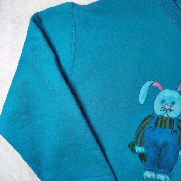 Vtg Russell Athletic XL Made USA Sweatshirt Bunny Print Teal‎ Crew Pullover - Picture 2 of 11